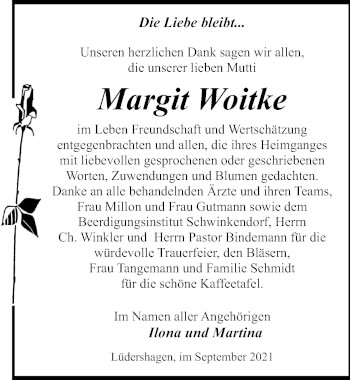 Traueranzeige von Margit Woitke von Ostsee-Zeitung GmbH