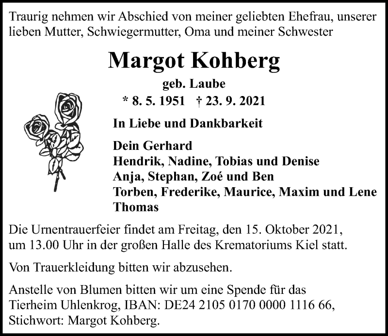  Traueranzeige für Margot Kohberg vom 09.10.2021 aus Kieler Nachrichten