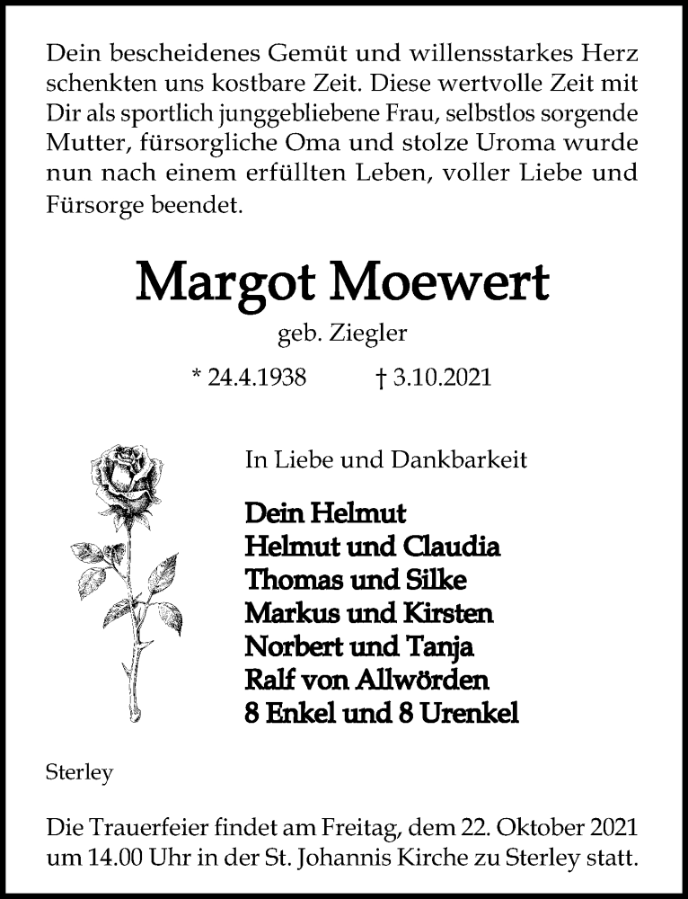  Traueranzeige für Margot Moewert vom 16.10.2021 aus Lübecker Nachrichten