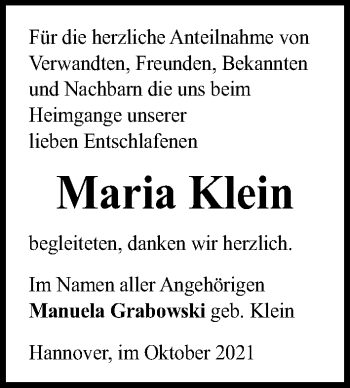 Traueranzeige von Maria Klein von Hannoversche Allgemeine Zeitung/Neue Presse