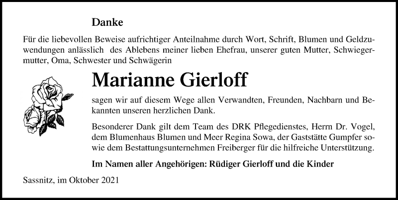  Traueranzeige für Marianne Gierloff vom 23.10.2021 aus Ostsee-Zeitung GmbH