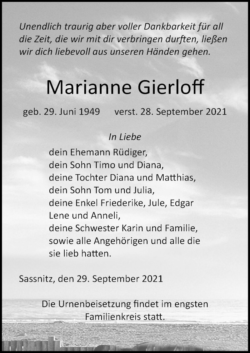  Traueranzeige für Marianne Gierloff vom 02.10.2021 aus Ostsee-Zeitung GmbH