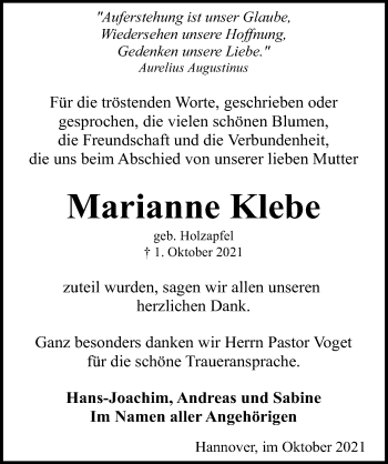 Traueranzeige von Marianne Klebe von Hannoversche Allgemeine Zeitung/Neue Presse