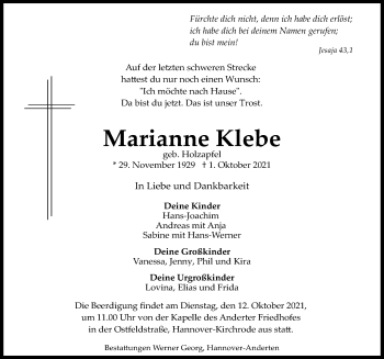 Traueranzeige von Marianne Klebe von Hannoversche Allgemeine Zeitung/Neue Presse