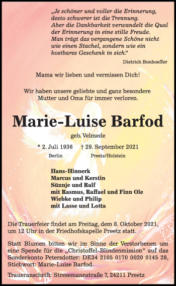 Traueranzeige von Marie-Luise Barfod von Kieler Nachrichten