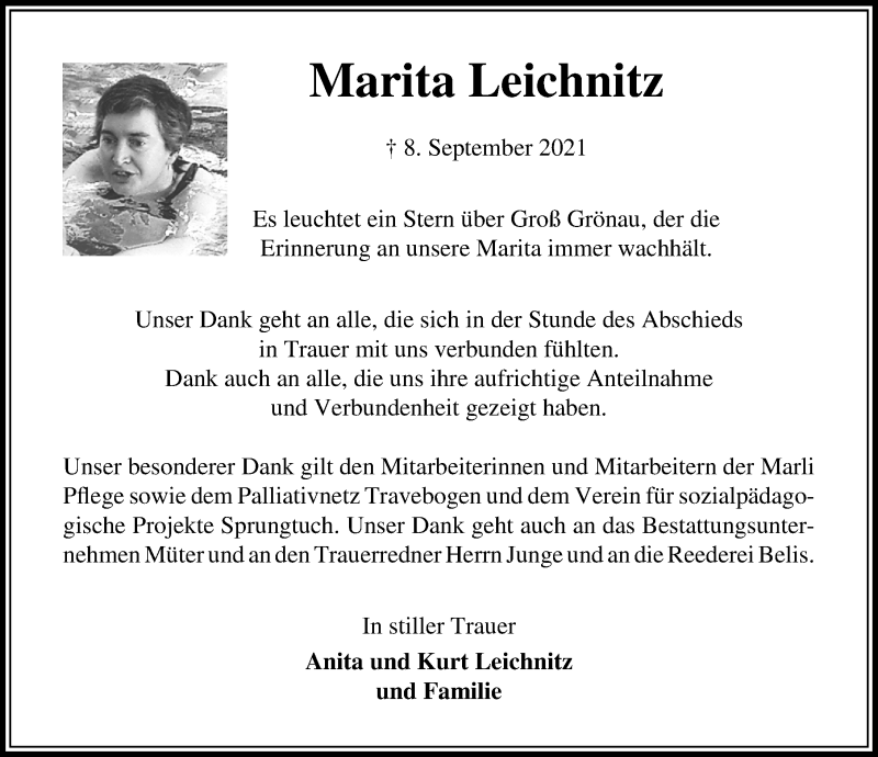  Traueranzeige für Marita Leichnitz vom 10.10.2021 aus Lübecker Nachrichten