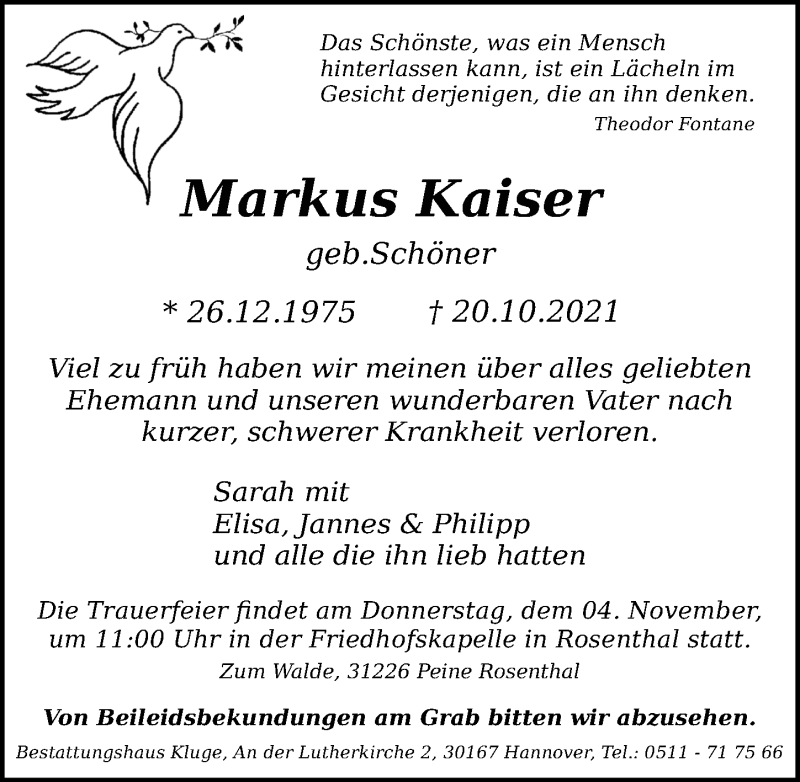  Traueranzeige für Markus Kaiser vom 30.10.2021 aus Peiner Allgemeine Zeitung