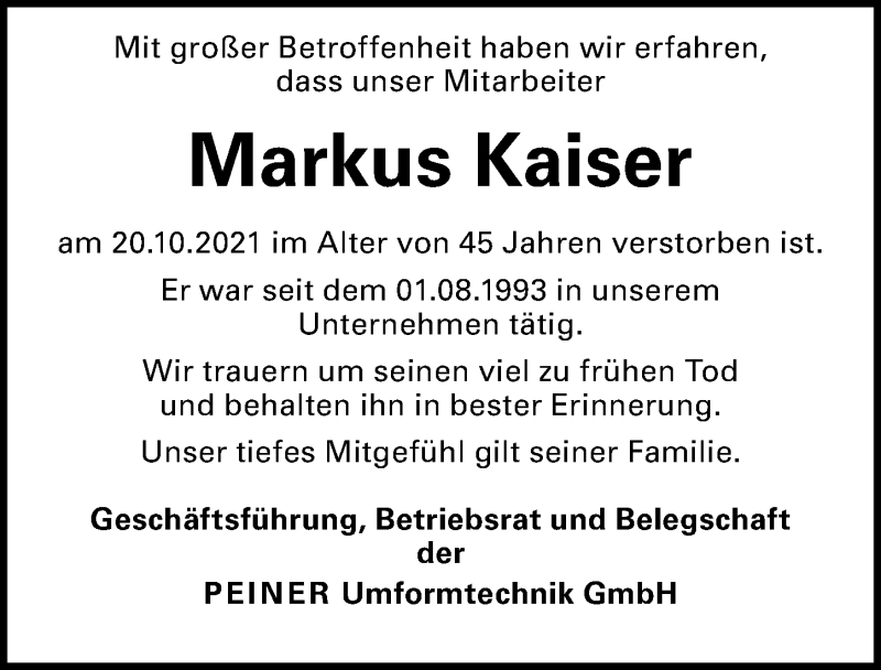  Traueranzeige für Markus Kaiser vom 23.10.2021 aus Peiner Allgemeine Zeitung
