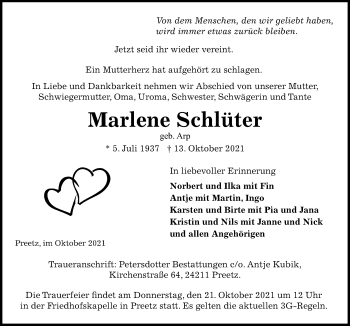 Traueranzeige von Marlene Schlüter von Kieler Nachrichten