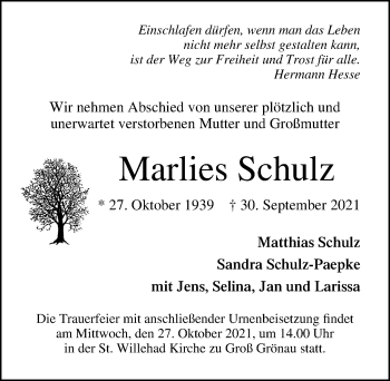 Traueranzeige von Marlies Schulz von Lübecker Nachrichten