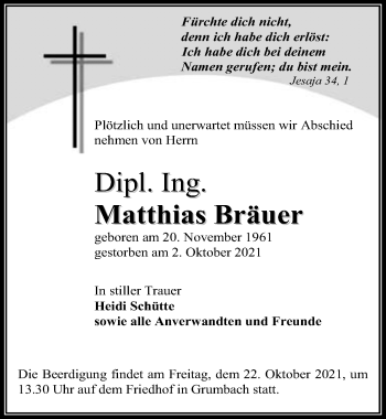 Traueranzeige von Matthias Bräuer von Aller Zeitung