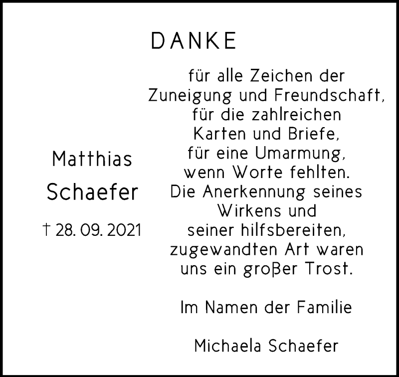 Traueranzeige für Matthias Schaefer vom 23.10.2021 aus Göttinger Tageblatt