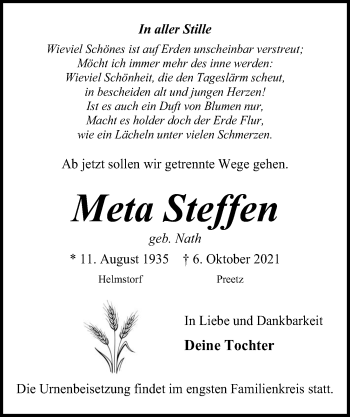 Traueranzeige von Meta Steffen von Kieler Nachrichten