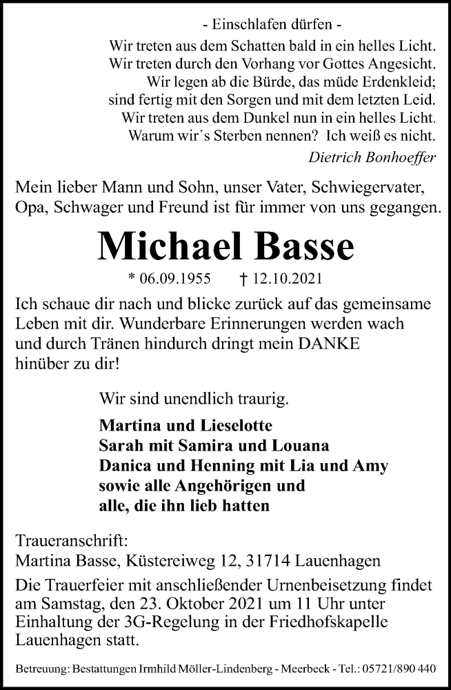  Traueranzeige für Michael Basse vom 16.10.2021 aus Schaumburger Nachrichten