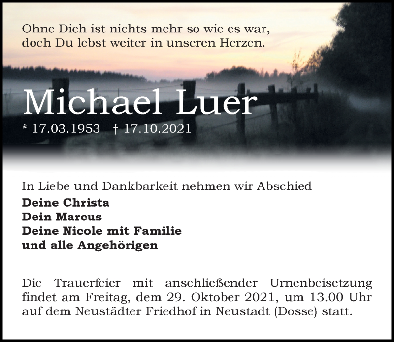 Traueranzeige für Michael Luer vom 20.10.2021 aus Märkischen Allgemeine Zeitung