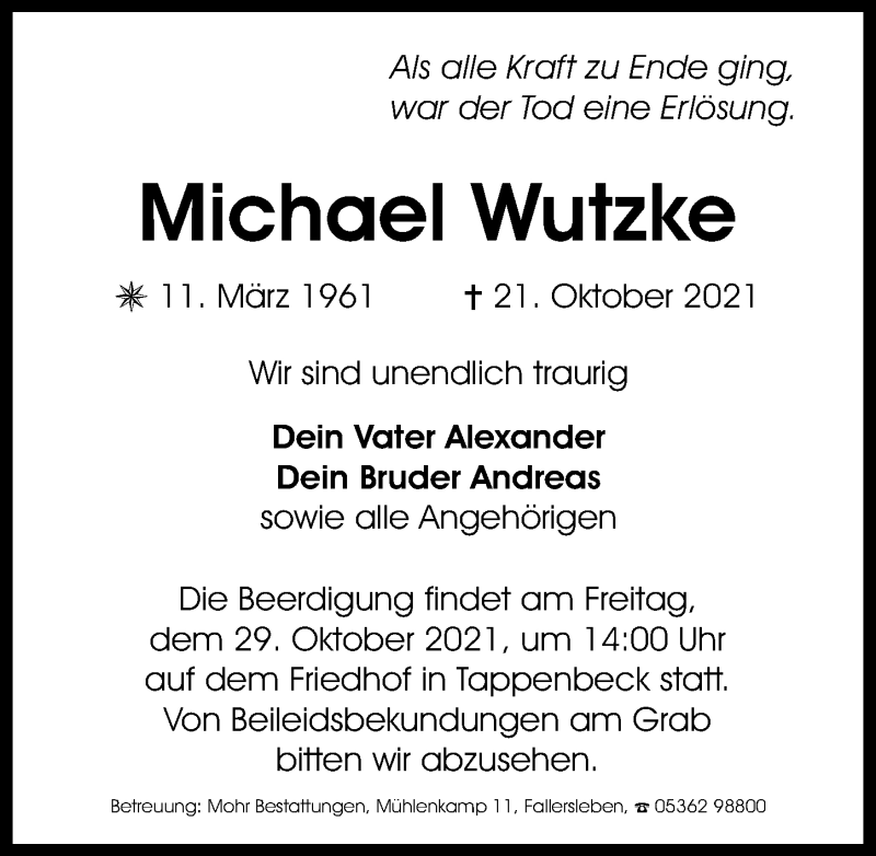  Traueranzeige für Michael Wutzke vom 23.10.2021 aus Aller Zeitung