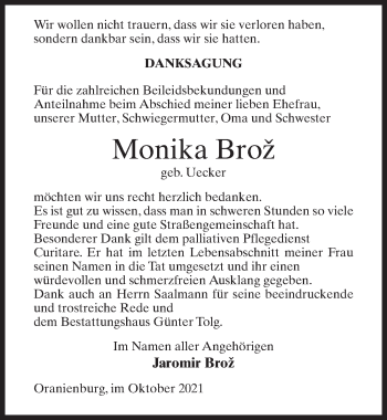 Traueranzeige von Monika Brož von Märkischen Allgemeine Zeitung