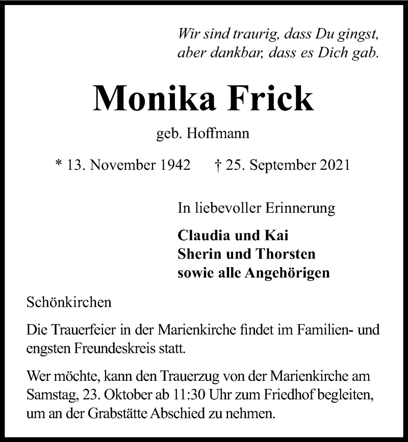  Traueranzeige für Monika Frick vom 02.10.2021 aus Kieler Nachrichten