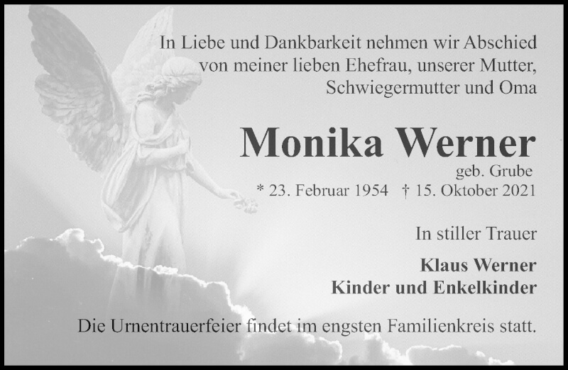  Traueranzeige für Monika Werner vom 24.10.2021 aus Lübecker Nachrichten