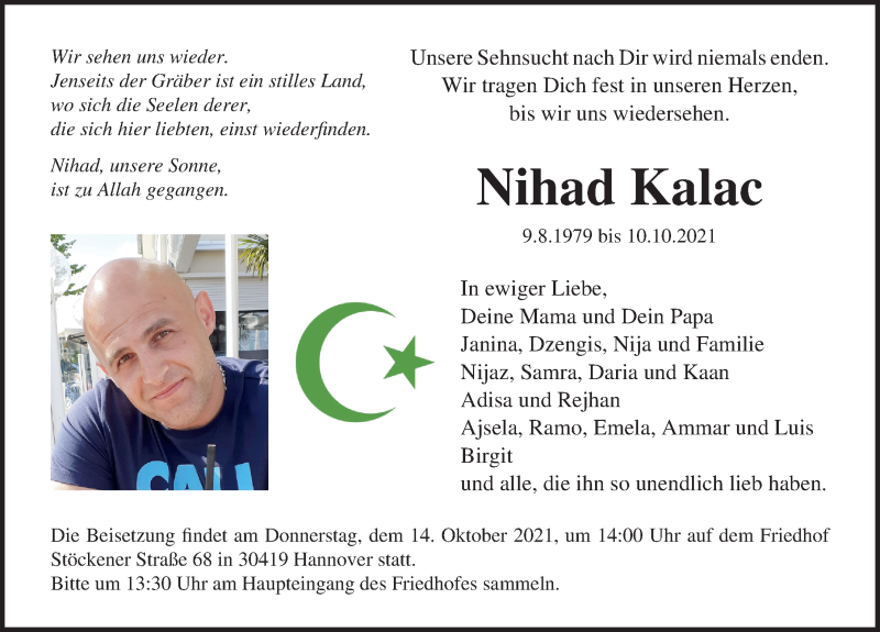  Traueranzeige für Nihad Kalac vom 13.10.2021 aus Schaumburger Nachrichten
