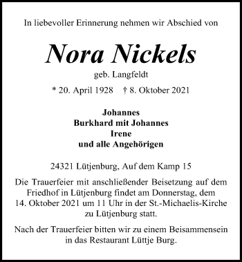 Traueranzeige von Nora Nickels von Kieler Nachrichten