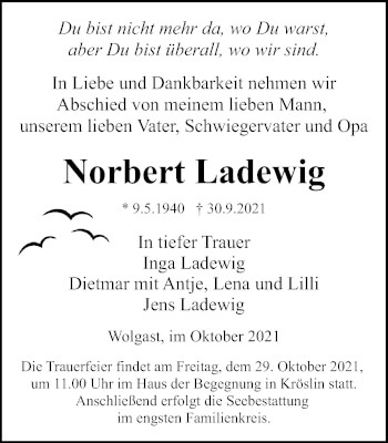 Traueranzeige von Norbert Ladewig von Ostsee-Zeitung GmbH