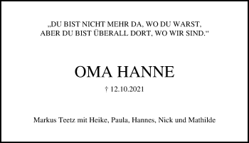 Traueranzeige von Oma Hanne  von Lübecker Nachrichten