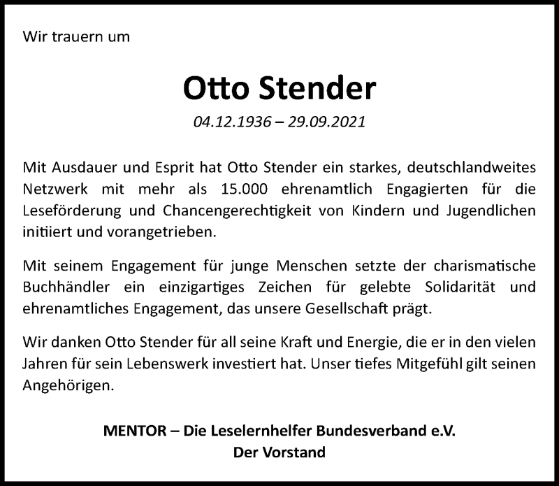  Traueranzeige für Otto Stender vom 09.10.2021 aus Hannoversche Allgemeine Zeitung/Neue Presse
