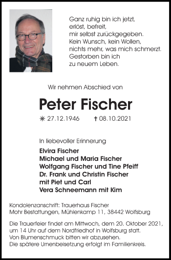 Traueranzeige von Peter Fischer von Aller Zeitung