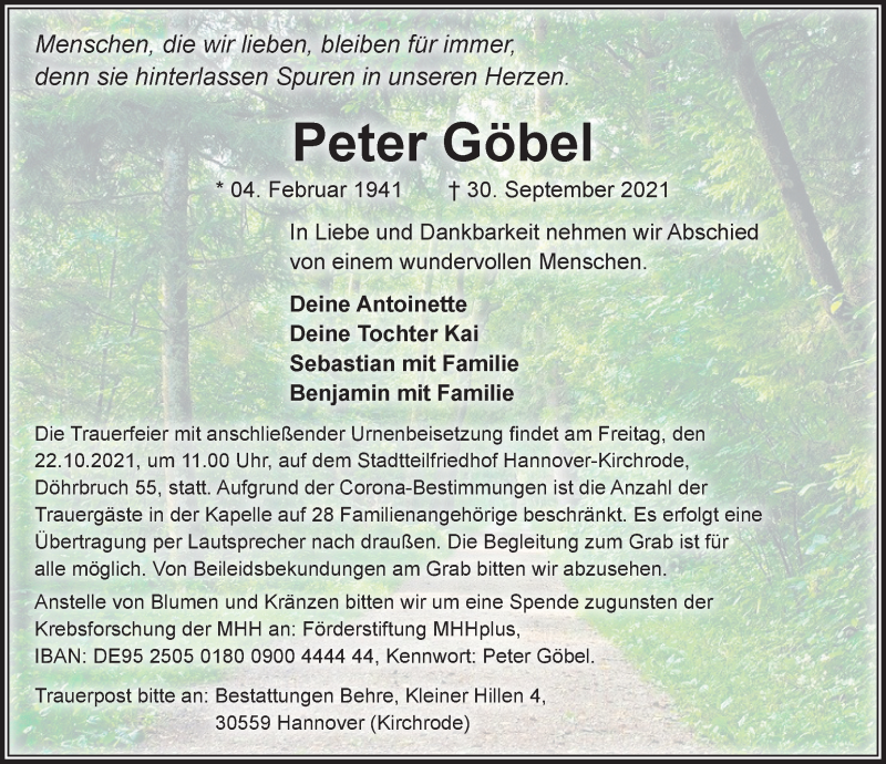  Traueranzeige für Peter Göbel vom 09.10.2021 aus Hannoversche Allgemeine Zeitung/Neue Presse