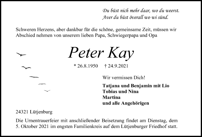  Traueranzeige für Peter Kay vom 02.10.2021 aus Kieler Nachrichten