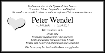 Traueranzeige von Peter Wendel von Lübecker Nachrichten