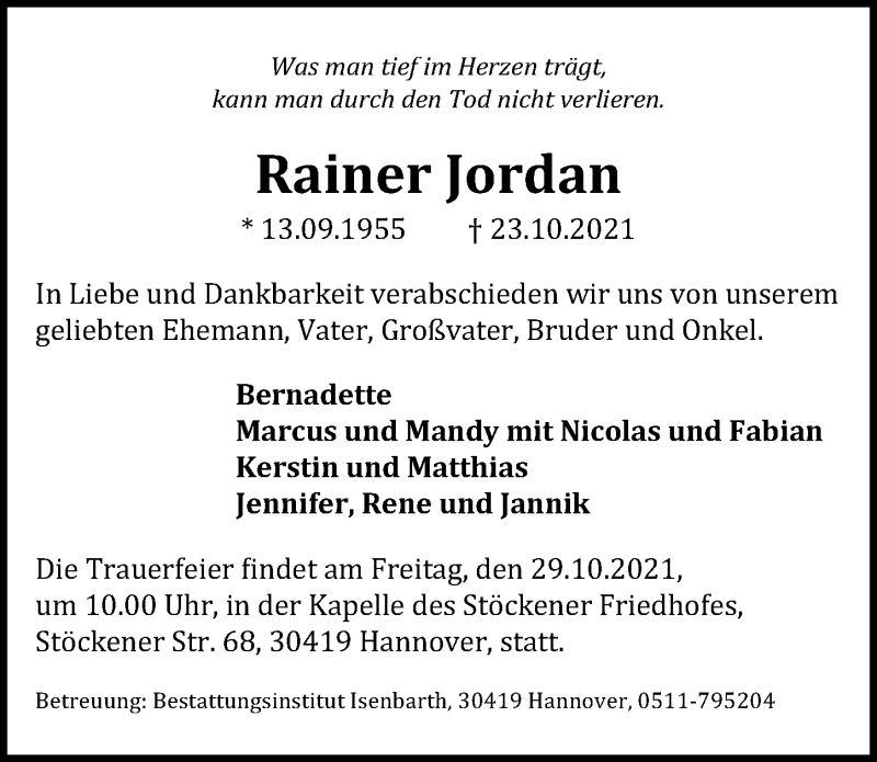  Traueranzeige für Rainer Jordan vom 27.10.2021 aus Hannoversche Allgemeine Zeitung/Neue Presse