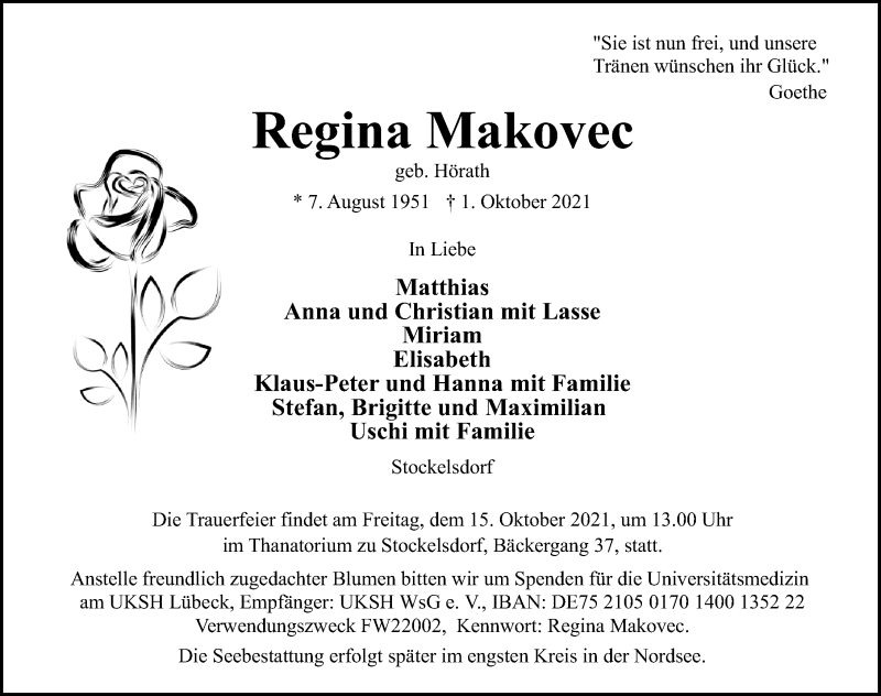  Traueranzeige für Regina Makovec vom 10.10.2021 aus Lübecker Nachrichten