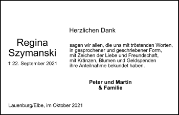 Traueranzeige von Regina Szymanski von Lübecker Nachrichten