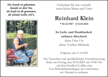 Traueranzeige von Reinhard Klein von Ostsee-Zeitung GmbH