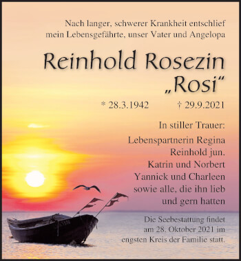 Traueranzeige von Reinhold Rosezin von Ostsee-Zeitung GmbH