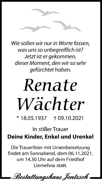 Traueranzeige von Renate Wächter von Leipziger Volkszeitung