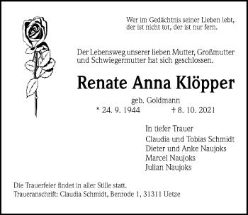 Traueranzeige von Renate Anna Klöpper von Peiner Allgemeine Zeitung