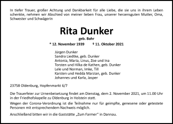 Traueranzeige von Rita Dunker von Lübecker Nachrichten