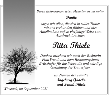 Traueranzeige von Rita Thiele von Märkischen Allgemeine Zeitung