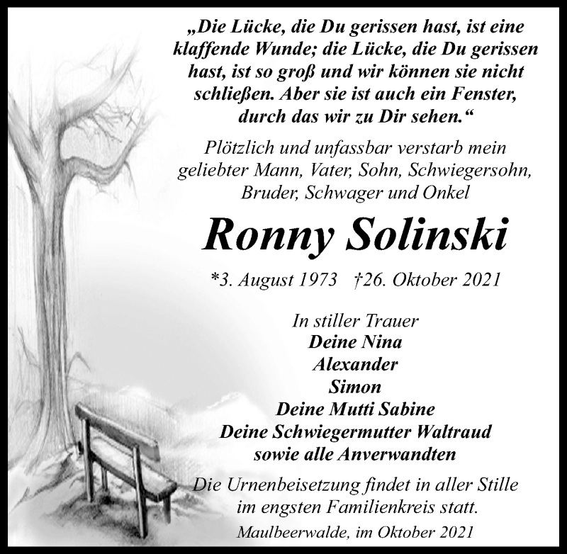  Traueranzeige für Ronny Solinski vom 30.10.2021 aus Märkischen Allgemeine Zeitung