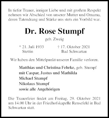 Traueranzeige von Rose Stumpf von Lübecker Nachrichten