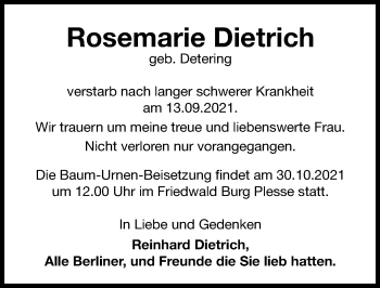 Traueranzeige von Rosemarie Dietrich von Göttinger Tageblatt