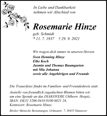 Traueranzeige von Rosemarie Hinze von Hannoversche Allgemeine Zeitung/Neue Presse