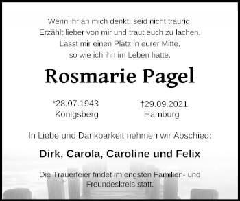 Traueranzeige von Rosmarie Pagel von Ostsee-Zeitung GmbH