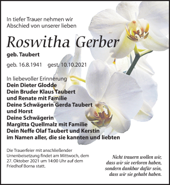 Traueranzeige von Roswitha Gerber von Leipziger Volkszeitung