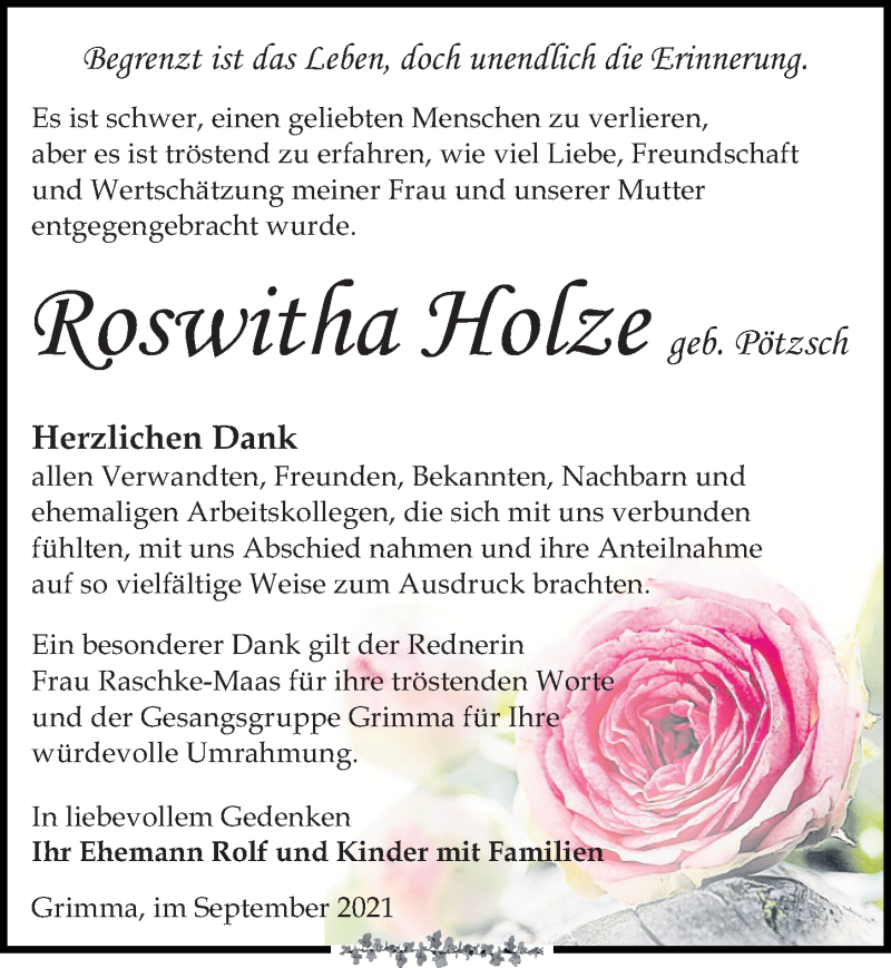  Traueranzeige für Roswitha Holze vom 02.10.2021 aus Leipziger Volkszeitung