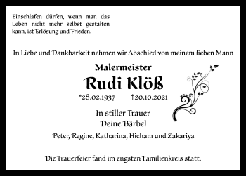 Traueranzeige von Rudi Klöß von Lübecker Nachrichten