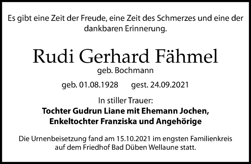  Traueranzeige für Rudi Gerhard Fähmel vom 16.10.2021 aus Leipziger Volkszeitung